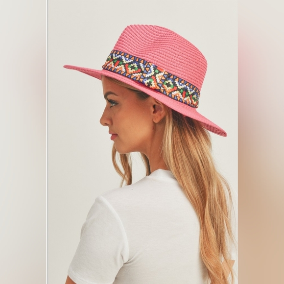 Aztec Band Panama Hat Hot Pink - Picture 1 of 3